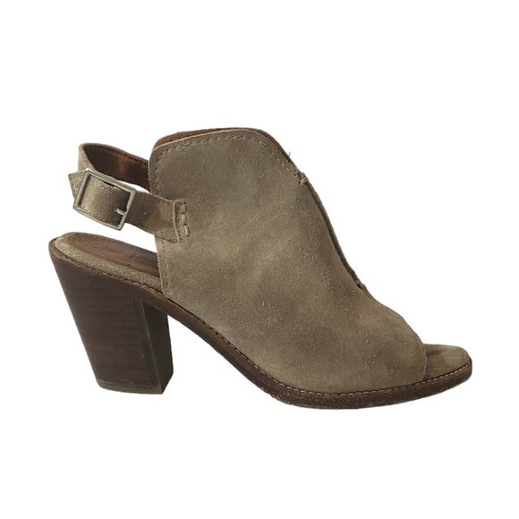 FRYE Ash Courtney Leather Mules Women's Size 6.5 Gray Tan Suede Peep Toe - Picture 12 of 12